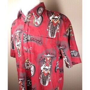 North River Shirt Men Large Red Motorcycles Biker Cruise Button Up Short Sleeve